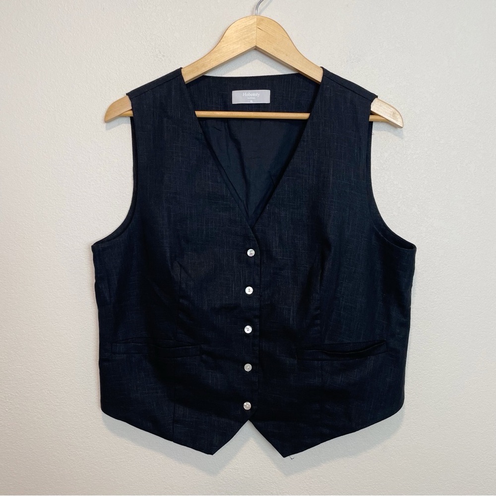 Hobemty Classic Black Button-Front V Neck Linen Vest Chic Size XL